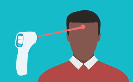 Digital contactless thermometer with infrared light taking the temperature on a man's foreheadのイラスト素材