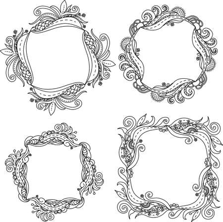 Set illustration of floral frame Zen Tangle. Dudlart. Black and white. Coloring page.のイラスト素材