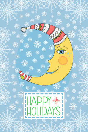 Christmas card with children vector illustration of the moon in the sky with snowflakesのイラスト素材