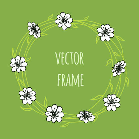Hand drawn round frames. Herbal frames-wreaths. Floral wreath with copy space for text. Wedding or invitation card design element.のイラスト素材