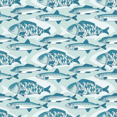Sea collection seamless pattern. Hand drawn fish. Vector illustrationのイラスト素材
