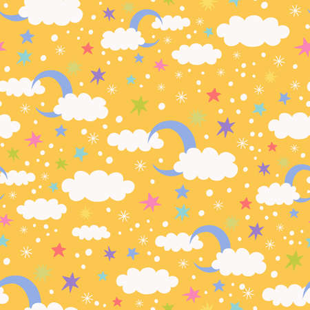 Vector seamless pattern with moon, cloud and stars on a orange background.のイラスト素材