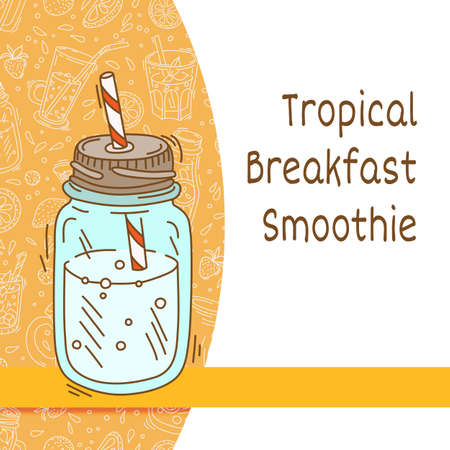 Background with glassware jar with smoothie with fruit and vegetable for health. Vector illustration.のイラスト素材