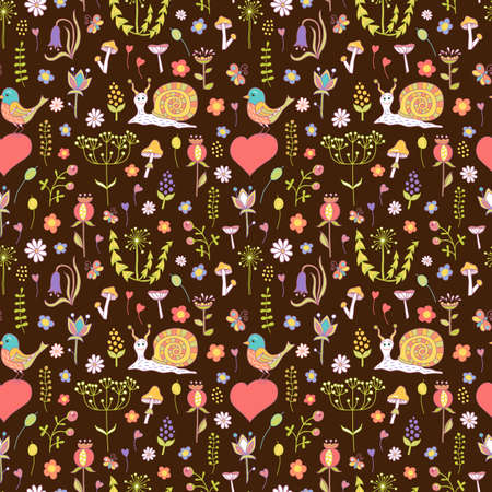 Seamless pattern for children with flowers, snails, mushrooms, birds. Hand drawn. Vector design.のイラスト素材