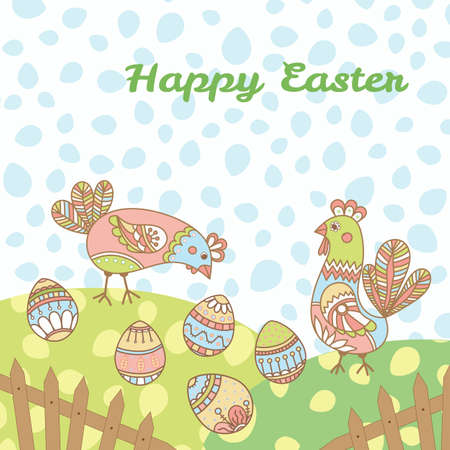 Happy easter card with chickens and eggsのイラスト素材