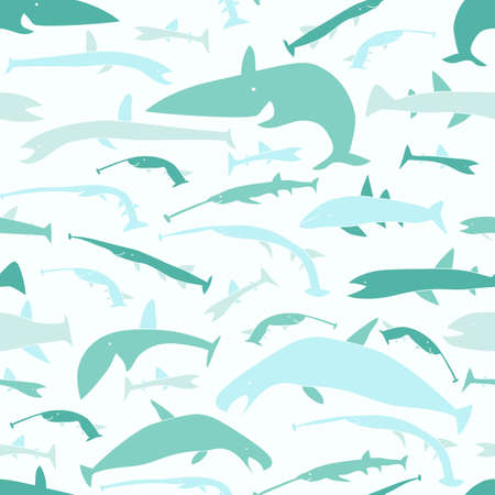 Sea seamless pattern. Hand drawn fish. Nautical backgrounds in blue colors, on a white background. Vector illustrationのイラスト素材