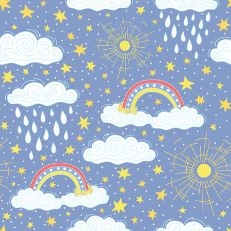 Vector seamless pattern for children with the image of sky, sun, clouds, rainbow, stars, raindrops.のイラスト素材