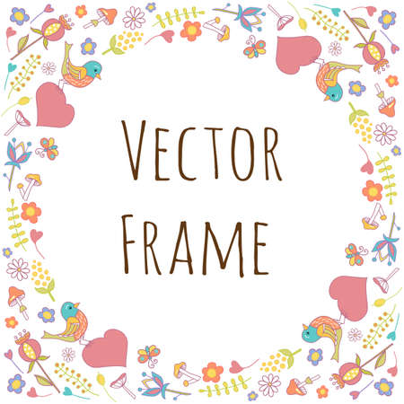 Colorful vector hand drawn set cartoon doodle plants and flowers. Round frame composition.のイラスト素材