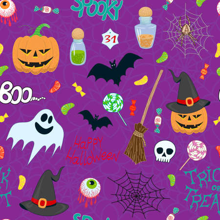 halloween vector seamless pattern with a cobweb, cute ghost, bat, magic hat, smiling pumpkin, candy, eyes and bottlesのイラスト素材