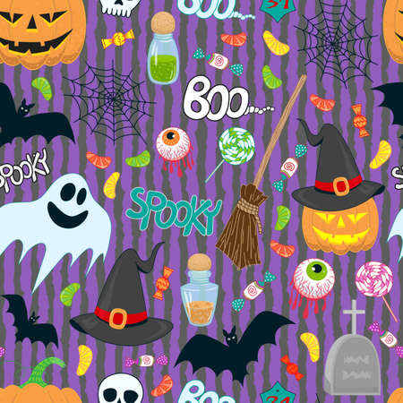 halloween vector seamless pattern with a cobweb, cute ghost, bat, magic hat, smiling pumpkin, candy, eyes and bottlesのイラスト素材