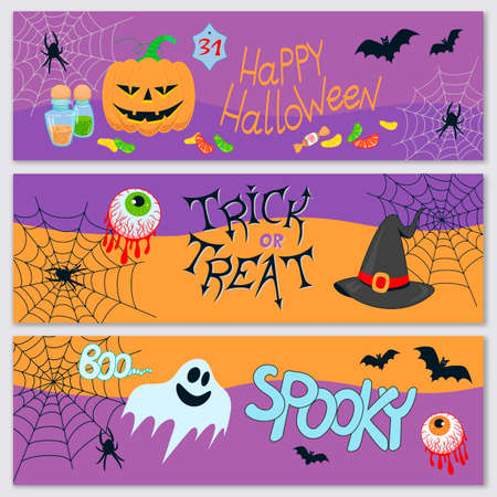 Three horizontal banners with happy Halloween. Vector illustrationのイラスト素材