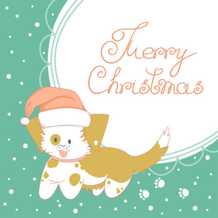 Christmas greeting card. Funny dog wearing santa's hat.のイラスト素材