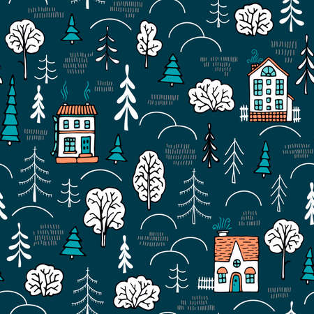 Seamless pattern in Scandinavian style. Small houses in the forest.のイラスト素材