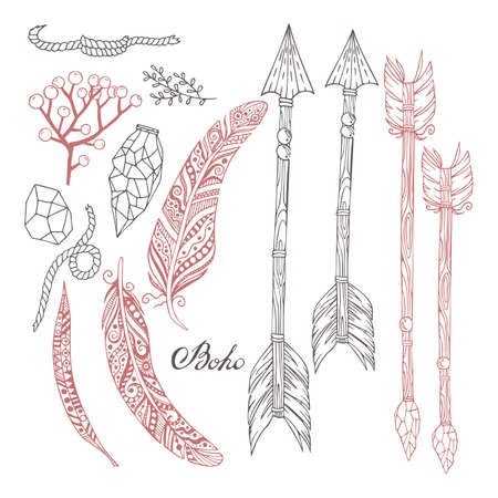 Hand-painted set in Boho style with arrows, feathers, plants, stones and a rope.のイラスト素材