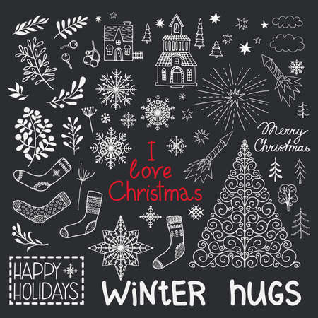 Hand drawn doodle vector illustration. Christmas line art drawings in black. Small sets with lettering, fir branches, ornaments, present boxes for gift tags, labels, card.のイラスト素材