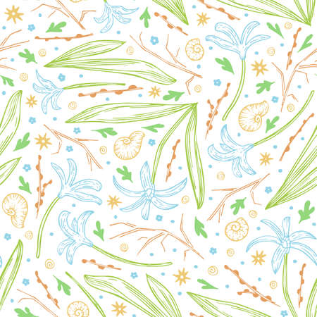 Seamless pattern spring flowers on white background. Vector illustration template. Seamless spring...