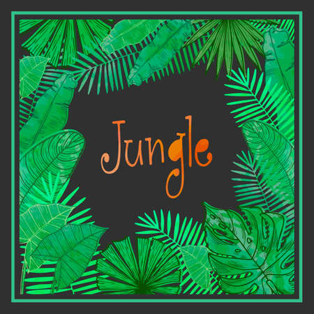 Vector frame with tropical leaves. Universal design for card, invitation, banner, poster, placard, cover.のイラスト素材