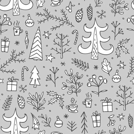Sketch christmas seamless pattern doodles for wallpaper design. Doodle christmas seamless line-pattern. New year seamless pattern.のイラスト素材