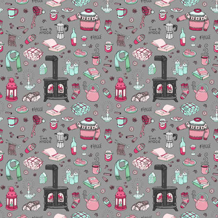 Seamless pattern with hand-drawn doodles hygge. Vector illustration.のイラスト素材