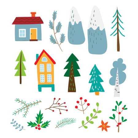 Set for celebration design. Cute childish Christmas illustration. Isolated vector illustration.のイラスト素材