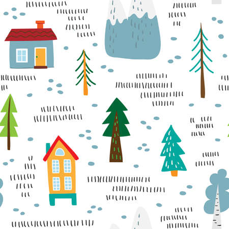 Christmas seamless pattern with naive vector illustration for celebration design. Cute childish Christmas illustration. Isolated vector illustration.のイラスト素材