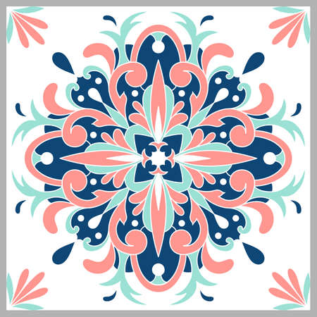 Traditional ornate Portuguese tiles azulejos. Ethnic folk ornament. The vintage pattern. Majolica. Vector decorative background. Indigo, Coral, Turquoise.のイラスト素材