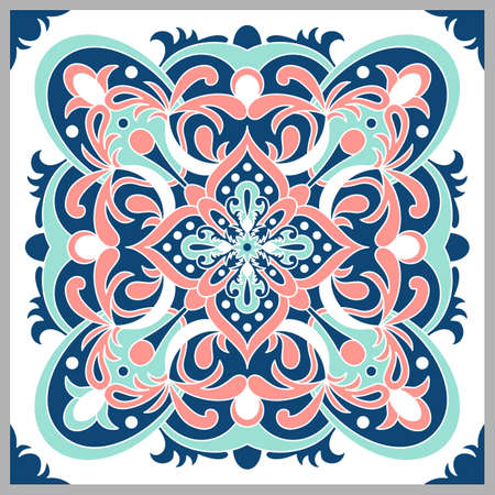 Traditional ornate Portuguese tiles azulejos. Ethnic folk ornament. The vintage pattern. Majolica. Vector decorative background. Indigo, Coral, Turquoise.のイラスト素材