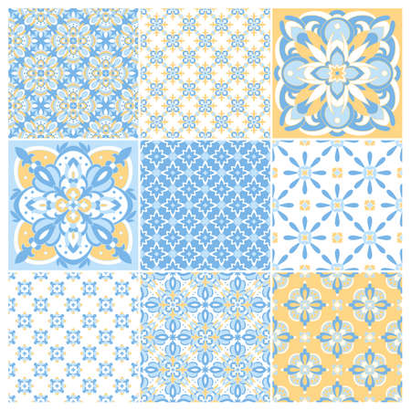 Traditional ornate portuguese tiles azulejos. Vintage pattern for textile design. Geometric mosaic, majolica.のイラスト素材