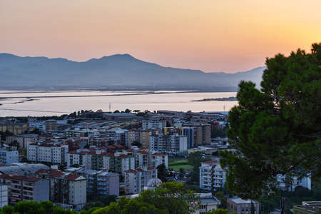 Sunset on Cagliari city, view from San Michele Castle, Sardinia, Italyの写真素材