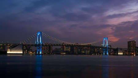 Tokyo, Rainbow Bridge Glowing Blue in Sunset, Illumination of Thanks to Medical Staffの写真素材