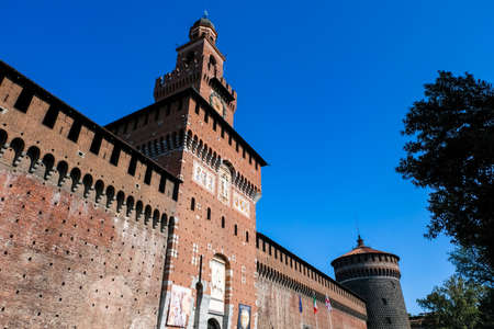 Sforzesco Castle in Milan, Italy Shining in the Blue Skyのeditorial素材