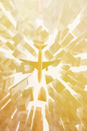 Plane flying over the cityの写真素材