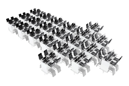 Group of office desks forming an arrowの写真素材