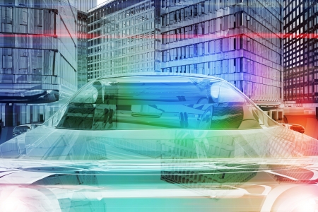 Windshield of futuristic car in the cityの写真素材