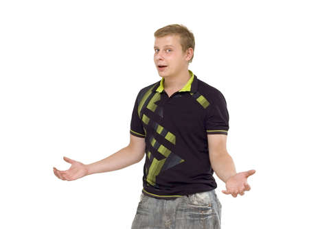 The man has made a helpless gesture, a white background