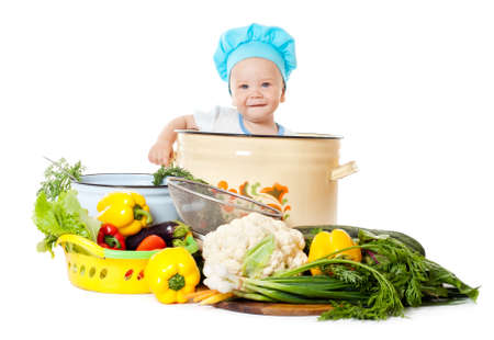 Baby Chef and vegetables, white backgroundの写真素材