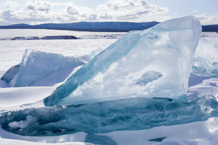Winter landscape on Lake Baikal iceの写真素材