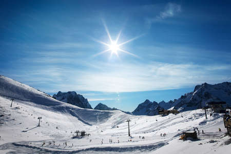 Lift at ski resort Dombay. Russiaの写真素材