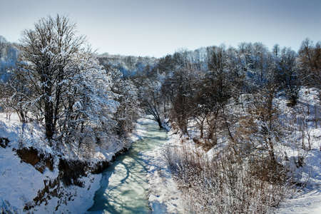 River in winter sunny forest