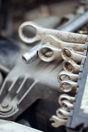 wrench set on a motor vehicle の写真素材