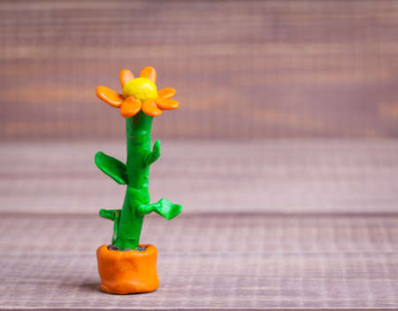 Plasticine flower on wooden boardsの写真素材