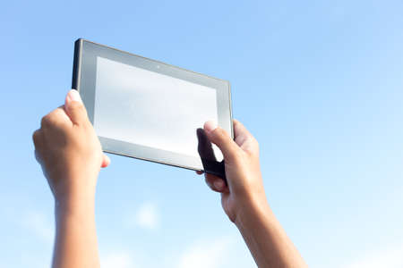 tablet pc in human handsの写真素材