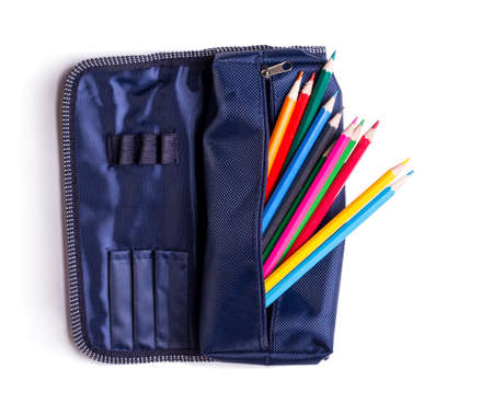 pencil case with pencils on white background の写真素材