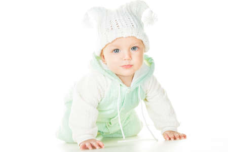 cheerful baby six months old, white backgroundの写真素材