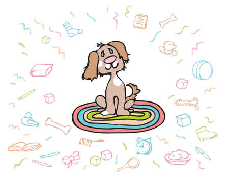 Happy Puppy surrounded by thingsのイラスト素材