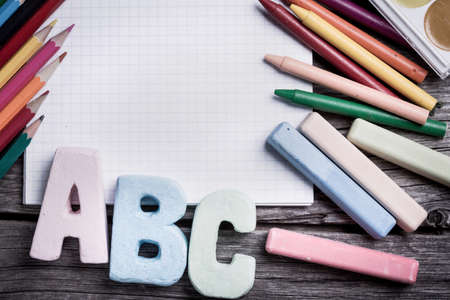 Paints and pencils for children's creativityの写真素材