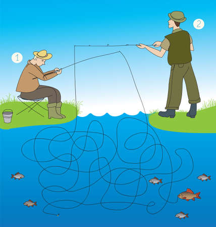 maze game: Which of the fishermen caught fish?のイラスト素材