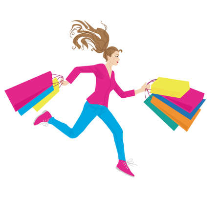 young woman running with shopping bags in handsのイラスト素材