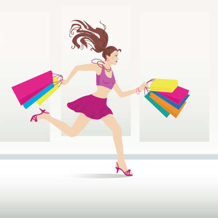 Young woman runs for shoppingのイラスト素材