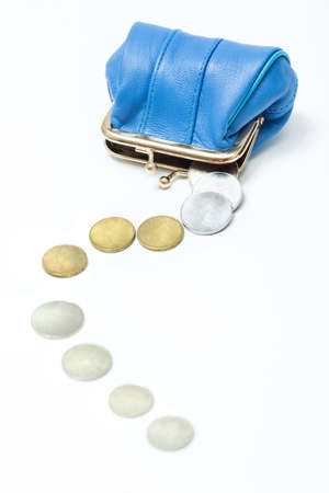 Wallet with coins on a white backgroundの写真素材
